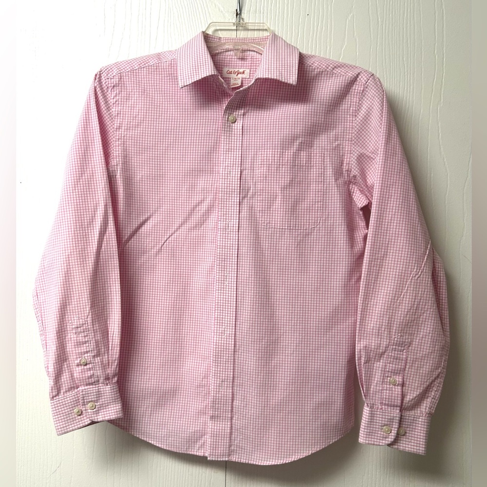 Cat & Jack Pink Micro-Check Dress Shirt Boys Size L (10-12)